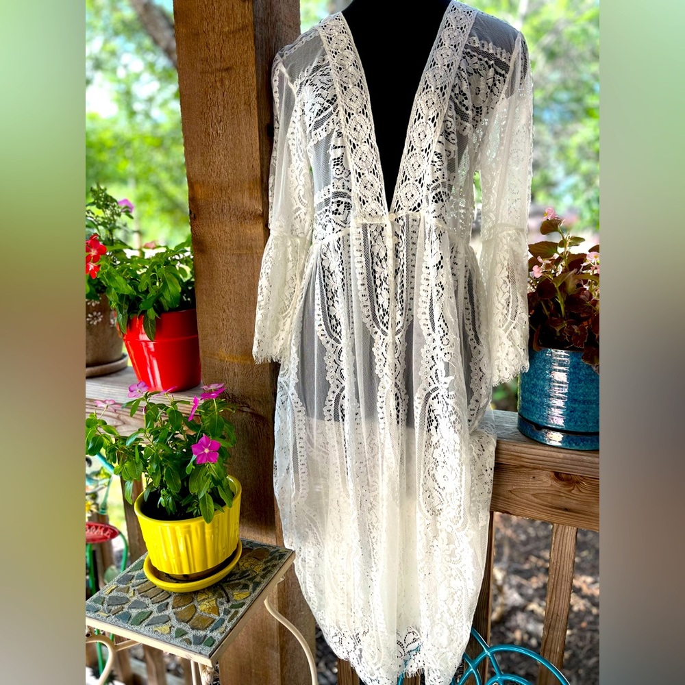 Maurice’s Ivory Lace Flare Sleeve Two Button 46” Length Duster Cardigan Cover-Up - Picture 1 of 7